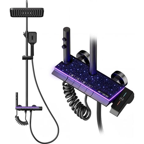 Colonne de Douche Titane avec Tête Carrée,Colonne de Douche 4 Jets, Affichage LED,Douchette à main avec 3 types de Modes,Hauteur Réglable (Noir (lumière Etoilée)) (1/5)