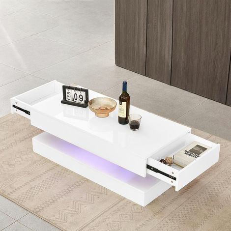 [LED Bluetooth intelligente] JYMTOM tavolino moderno semplice in ardesia con cassetto Tavolino da salotto Tavolino laterale per mobili TV Tavolino multifunzionale con spazio di archiviazione (bianco) (1/5)
