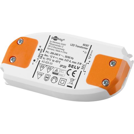LED-Trafo 12 V (DC), 8 W, für LEDs bis 8 W Gesamtlast und Gleichspannung von 12 V (DC).