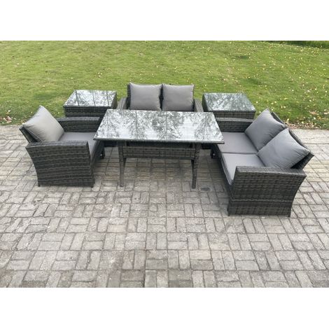 Fimous Wicker Rattan Garden Dining Set Outdoor Furniture Sofa with Dining Table Double Seat Sofa 2 Side Tables Dark Grey Mixed (1/5)