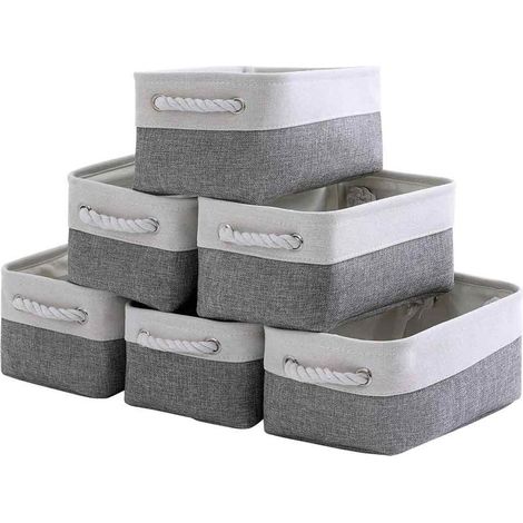 Six paniers de rangement en tissu avec poignées en corde de coton pliables pour un rangement facile (beige). (1/5)