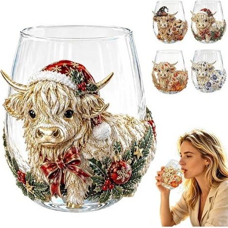 Neue Highland Cow Glaswaren - Weinglas mit Highland Cow Muster - Stil C -