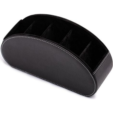 Boîte de rangement (noire) pour télécommande TV avec 5 compartiments. Organiseur de bureau multifonctionnel en similicuir. Range-pinceaux, crayons et lunettes. (1/5)