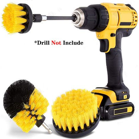 Set de 4 brosses pour perceuse électrique jaune, embouts de nettoyage efficaces pour cuisine et salle de bain avec tige hexagonale (1/5)