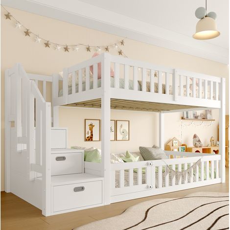 Litera baja 90x200 cm clásica de pino y MDF blanco con escalera con almacenaje, somier de láminas y barandillas (1/5)
