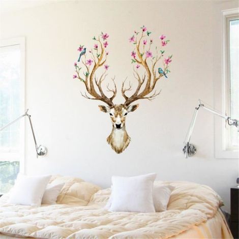 Sticker Mural Amovible Cerf Tête Fleurs Oiseau Autocollant Décalque Décor Maison (1/4)