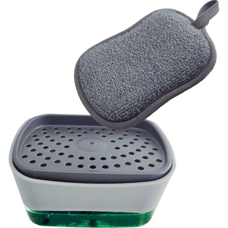 Distributeur de savon 2en1 Sponge Holder - Venteo - Distributeur Liquide Vaisselle - Porte éponge - Eponge pour évier de cuisine - Blanc et Gris - Contenance de 300 ml (1/5)