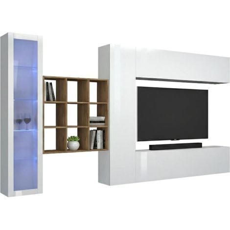 Dmora - Meuble Mural Dcapann, Ensemble de salon Meuble TV avec 4 portes, Meuble de salon polyvalent avec vitrine et lumière LED, 100% Made in Italy, cm 310x30h180, Blanc brillant et Érable
