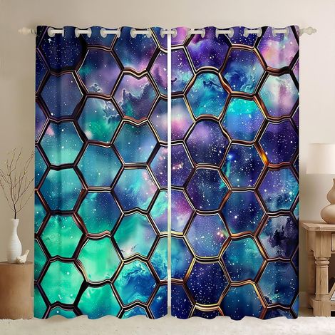 Rideau Abstrait, Paillettes Étoiles Galaxie Extérieur Fenêtre Rideaux pour Filles Garçons Hexagone Vert Bleu Brume Fenêtre Traitement Rideaux pour Salon Taille S - 137x117cm (HxB) (1/5)