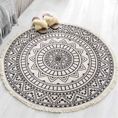 Tapis rond Mandala - En coton - Style bohème - Diamètre : 92 cm-Ensoleillé (1/5)