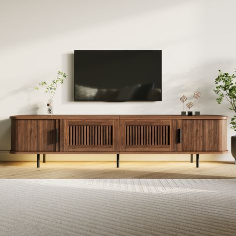 Meuble tv 180x40x44,5cm 2 tiroirs centraux 2 portes coulissantes led app passe-câbles - mdf et pb - noyer (1/5)