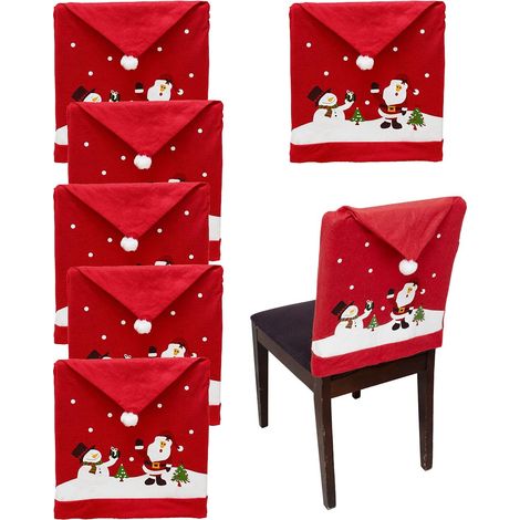 Ensemble de 6 housses de chaise de Noël, housse de dossier de chaise à motif de chapeau de Père Noël, idéal pour les décorations de Noël. (1/5)