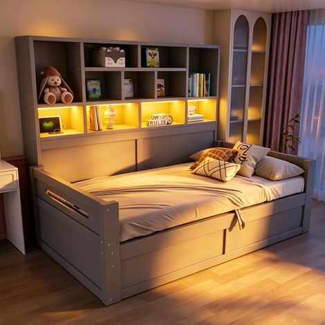 Etagenbett 90/200 cm Grau mit hydraulischem Stauraum, LED und Steckdosen (1/5)