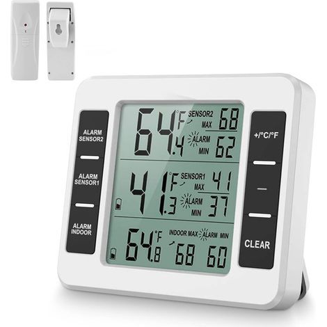 Thermomètre de réfrigérateur numérique,écran LCD, thermomètre de réfrigérateur intérieur/extérieur avec 2 capteurs sans fil et alarme audio pour la maison, le restaurant et le bar, Thermomètre (1/5)
