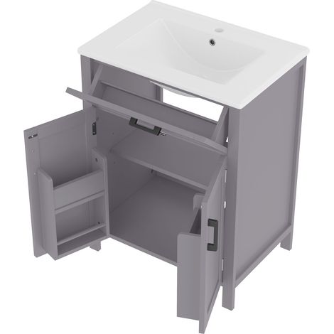 Meuble de salle de bains sur pied avec lavabo, 60 x 46 x 84,8 cm, laqué intégral, étagères à double porte, tiroirs pratiques, étagères réglables, lavabo en céramique intégré, gris