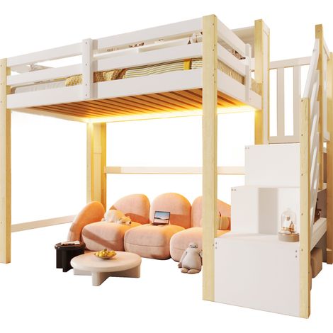 Lit mezzanine enfant 90x200 cm avec LED, escalier de rangement, niches ouvertes et barrières de sécurité, gain de place blanc et bois clair CHICFURN (1/5)