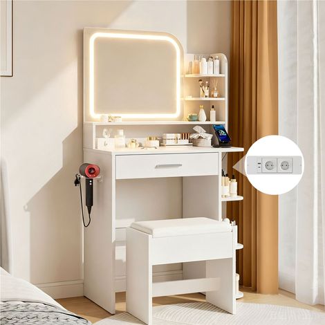 Coiffeuse avec Miroir LED et Tabouret Inclus, Table de Maquillage Blanche avec Éclairage Réglable 3 Couleurs, Multiprise Intégrée, 1 Tiroir et 7 Étagères de Rangement, 139 x 68 x 36 cm (1/5)