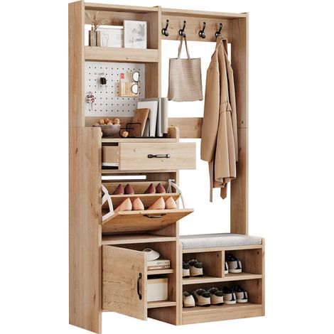 ELVMI Ensemble de Meubles d'Entrée avec Banc, 2 Portes, 1 Tiroir, 4 Crochets, Panneaux de Particules, Naturel et Blanc (1/5)