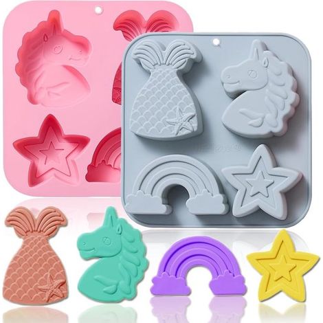 Lot de 2 moules à pâtisserie en silicone - 4 cavités - Motifs : licorne, étoile, arc-en-ciel, queue de sirène (1/5)