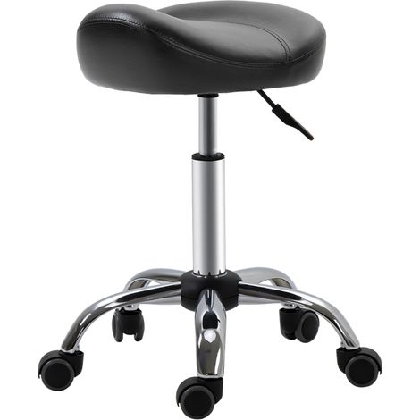 Taburete de Trabajo Regulable en Altura con Asiento de Silla de Montar Giratorio y 5 Ruedas, Piel Sintética Negro (1/5)