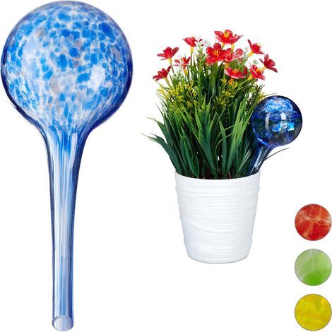 Globes d’arrosage Lot de 2, Distributeur Eau Plantes et Fleurs, Outil de Bureau, Ø 6 cm, Verre, Bleu (1/5)
