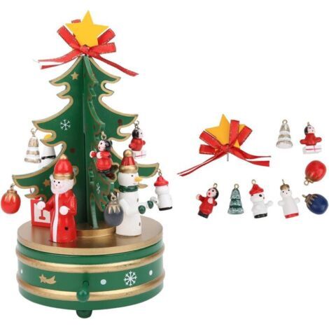 Boîte à Musique de Noël, boîte à Musique en Bois Arbre de Noël tournant Musical avec 9 Accessoires de décoration(Vert)