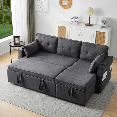 Canapé con chaise longue convertible de tejido algodón y lino gris 211x130x86 cm, arcón, portavasos y chaise reversible