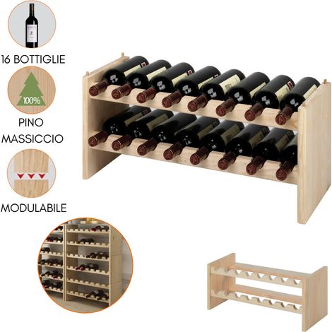 Cantinetta Portabottiglie Legno 16 Posti Scaffale Impilabile Cantina Porta Bottiglie - cm 68x27x30 (1/5)