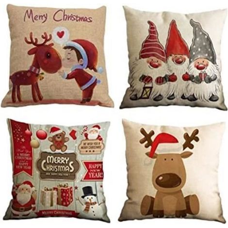 Taie D'Oreiller - Coton Et Lin - 45 X 45 Cm - Imprimé Bonhomme De Neige - Noël - Lot De 4