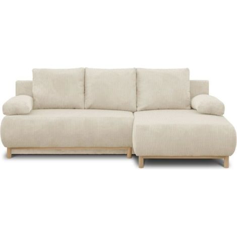 Canapé d'angle droit convertible MIKA 3 places - Velours côtelé beige - Coffre de rangement - L218 x P98/145 x H84 cm (1/5)