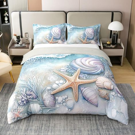 Housse de Couette 140x200 Coton Thème Côtier de l'Océan Bleu, Parure de Lit Enfant Plage d'Été, Literie Étoiles de Mer de Corail de Coquille, Couvre Lit Vagues de Mer Vie Océanique (1/5)
