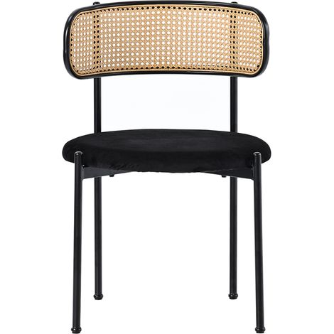 Silla de comedor de terciopelo negra, juego de 2, respaldo de ratán y patas metálicas (1/5)