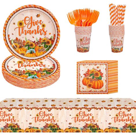 20 pièces Vaisselle jetable Thanksgiving, assiettes 23 cm, serviettes 33 cm, gobelets, couverts plastique, pailles, nappe et bannière (1/5)