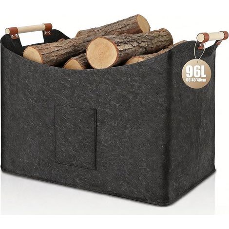 Felt Wooden Basket, Extra Thick Felt Wood Log Bag and Reinforced Handle Foldable Felt Bag for Shopping, Wood, Newspaper – Dark Grey, 60 x 40 x 40 cm (96L) (1/5)