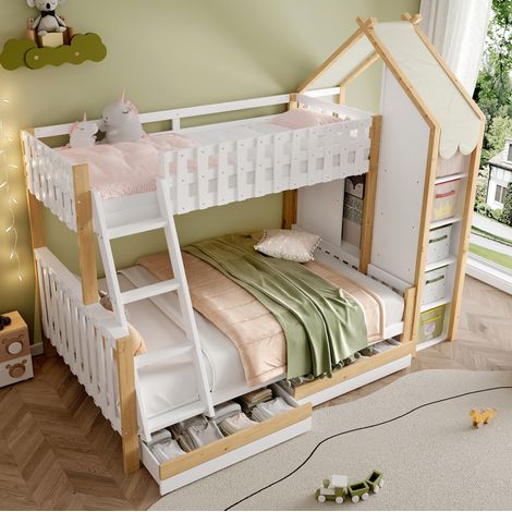 Litera infantil 90x200 + 140x200 cm con escalera, barrera de seguridad, 2 cajones y espacio de almacenaje, ideal para dormitorio infantil - CHICFURN (1/5)