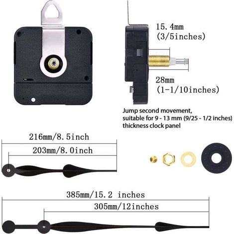 Mécanisme d'Horloge - Long Axe (28mm) à Couple Élevé pour Aiguilles Jusqu'à 30,5 cm - Noir