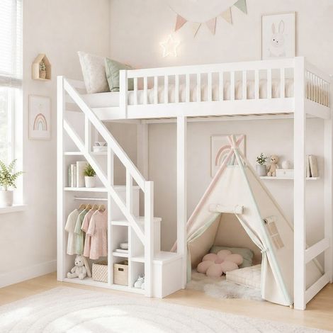 Lit mezzanine enfant 90x200 avec sommier,lit simple avec barrières sécurité, rangements intégrés, échelle, bois massif blanc, design scandinave gain de place (1/5)
