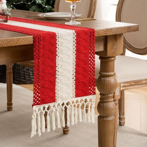 Macramé Chemin de Table Boho Chemin de Table Rouge Chemin de Table Noël Nappe de Table Coton et Lin Chemin de Table avec Glands pour la Décoration de Table, les Fêtes de Fin D'Année 30X140cm (1/5)