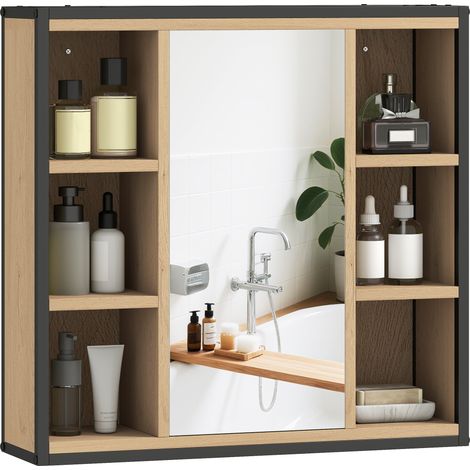 Badezimmerschrank mit Spiegel, 6 offenen Fächern, 3-stufigem Regalboden, Wandmontage, Eiche