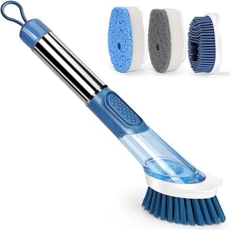 Cepillo para platos con mango - Cepillo de limpieza de cocina con dispensador de jabón - Cepillo de cocina multifuncional para limpiar platos, ollas, sartenes y el fregadero - 4 cabezales de repuesto, (1/5)