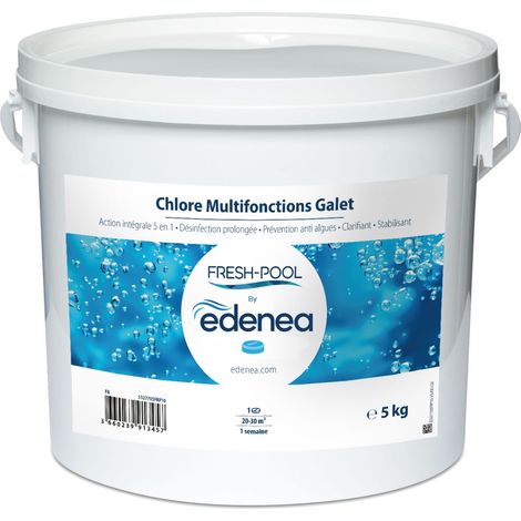 Chlore Multifonctions Piscine - Galet 200 g Seau 5 kg - Edenea Fresh Pool (1/4)