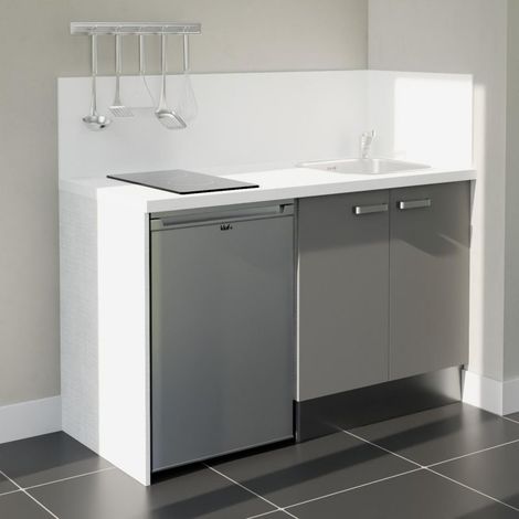 Kitchenette K17L-PT - 140 cm - plan stratifié, évier inox, - Façade Gris - Plan Blanc - Crédences Oui + Electroménager inclus coloris Inox