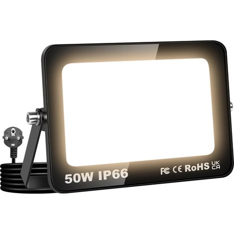 50W Projecteur Exterieur led, 5000LM Spot LED Extérieur avec Prise, 3000K Blanc chaud Eclairage Exterieur Etanche lumière de Sécurité pour Jardin, Patio, Cour, Garage, Entrée,Terrasse