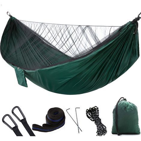 Amaca da campeggio con zanzariera, amaca da esterno per 2 persone, capacità di carico di 300 kg, nylon da paracadute ultraleggero ad asciugatura rapida, adatta per il campeggio all'aperto (verde scuro