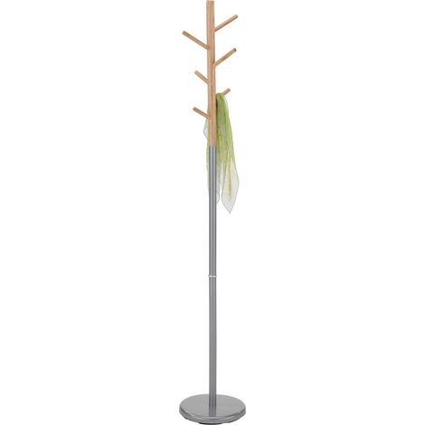 Idimex – Porte-manteau en métal laqué gris et pin massif – 6 crochets à différentes hauteurs – Socle diamètre 28 cm – Design moderne en forme d'arbre
