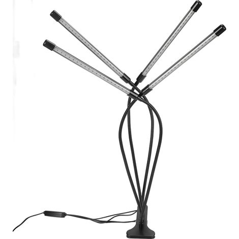 Lampes de croissance LED à spectre complet, 4 têtes, 40 W, 3 niveaux de luminosité, avec pince et minuterie, pour plantes d'intérieur. (1/5)