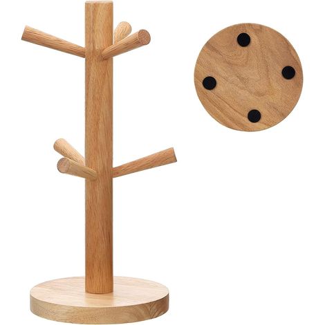 1 Porte-tasse en Bois, 6 Crochets, Support Suspendu, Organisateur Cuisine, pour Tasses et Bijoux