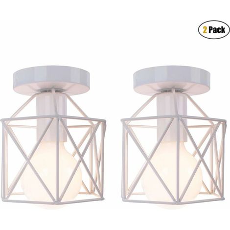Lot de 2 Vintage Plafonnier Industriel en Métal Cage Hexagone Luminaire Abat-jour Géométrique Design Suspension E27 Lampe de Plafond pour Chambre Café Restaurent Entrée Couloir, 15CM - Blanc - Blanc B (1/5)