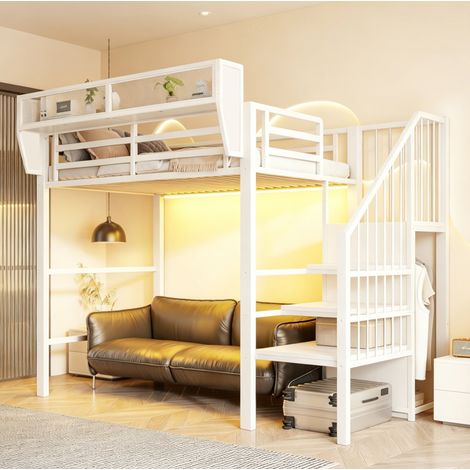 Letto a soppalco per bambini in metallo 90x200 cm con illuminazione a LED, scaletta di sicurezza e ripiano regolabile, salvaspazio, bianco (1/5)