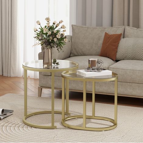 Table basse 2 pièces Ø50x50,5 cm et 60x36x43,5 cm doré en acier et verre avec pieds réglables (1/5)